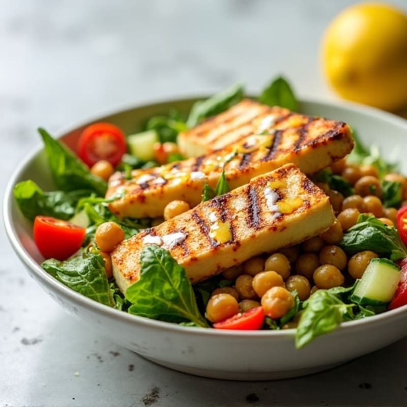 Grilled Paneer and Chickpea Salad with Lemon-Tahini Dressing