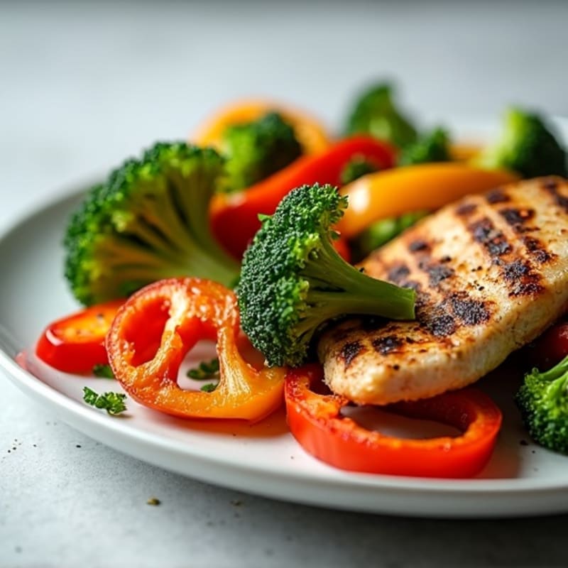 Grilled Chicken Breast with Roasted Broccoli and Bell Peppers