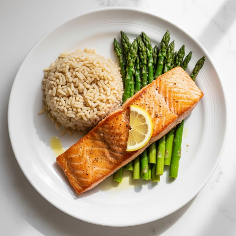 Seared Salmon with Steamed Asparagus and Brown Rice