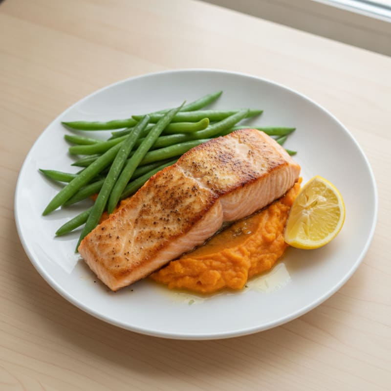 Seared Salmon with Steamed Green Beans and Sweet Potato Mash