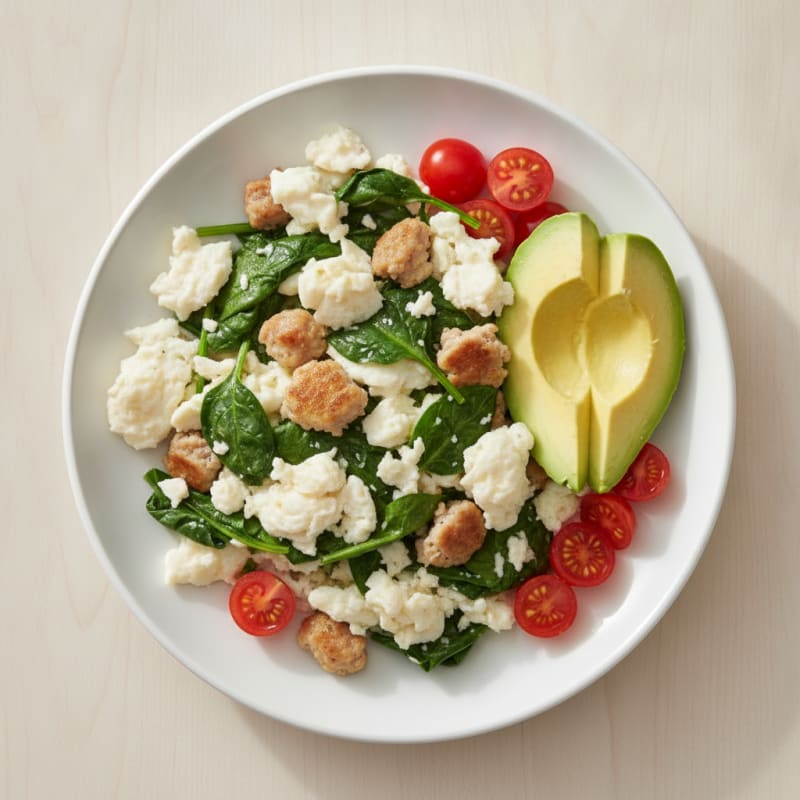 Egg White Scramble with Turkey Sausage and Sautéed Spinach