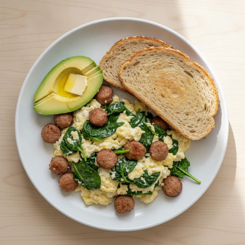 Egg White Spinach Scramble with Turkey Sausage
