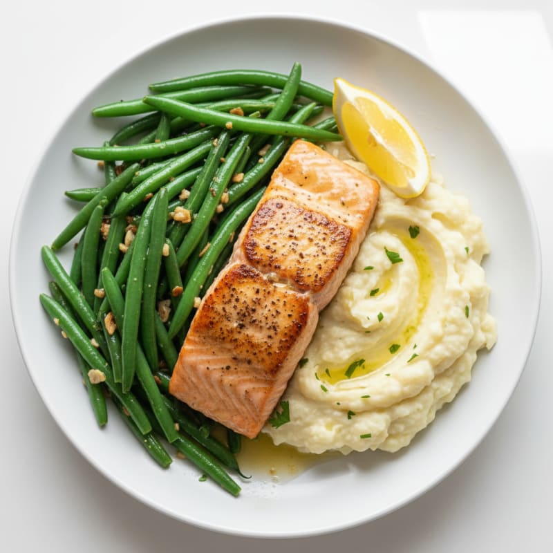 Seared Salmon with Garlic Green Beans and Mashed Cauliflower