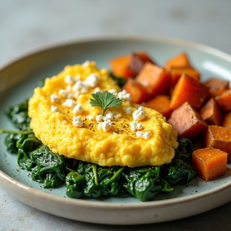 Fluffy Scrambled Eggs with Roasted Sweet Potatoes and Sautéed Greens