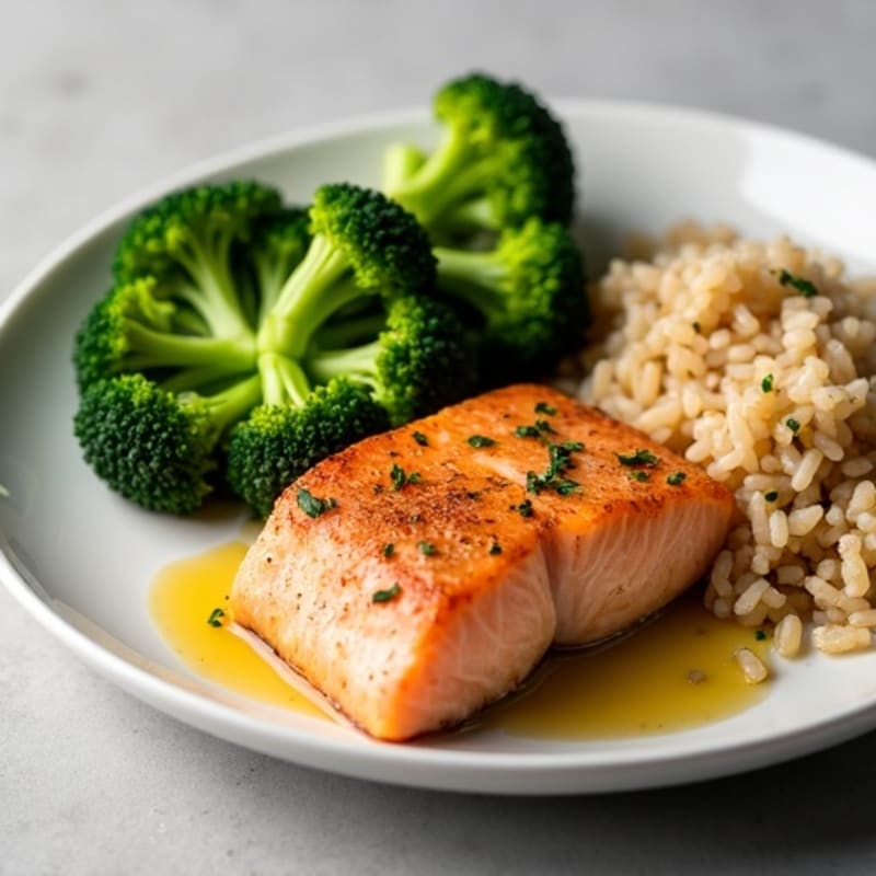 Seared Salmon with Steamed Broccoli and Brown Rice
