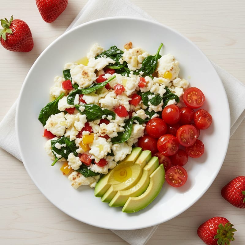 Egg White Veggie Scramble with Sautéed Spinach and Cherry Tomatoes