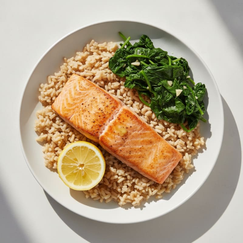 Seared Salmon with Steamed Brown Rice and Sautéed Spinach