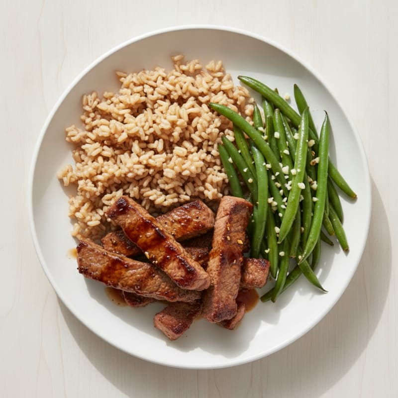 Seared Beef Strips with Brown Rice and Garlic Green Beans