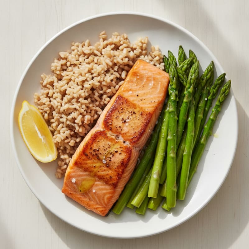 Seared Salmon Fillet with Steamed Asparagus and Brown Rice