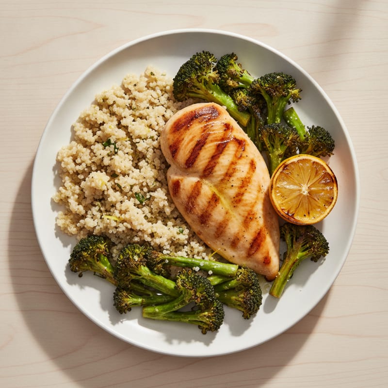 Grilled Chicken Breast with Quinoa and Roasted Broccoli