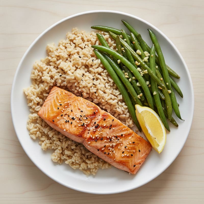 Seared Salmon with Garlic Green Beans and Brown Rice
