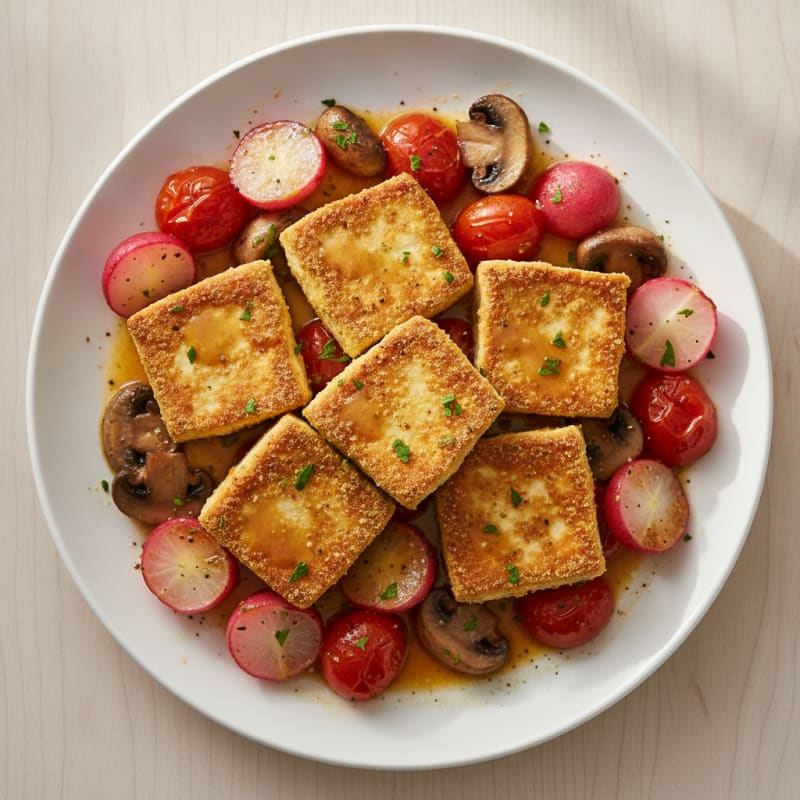 Pan-Seared Tofu with Roasted Radishes and Tomatoes