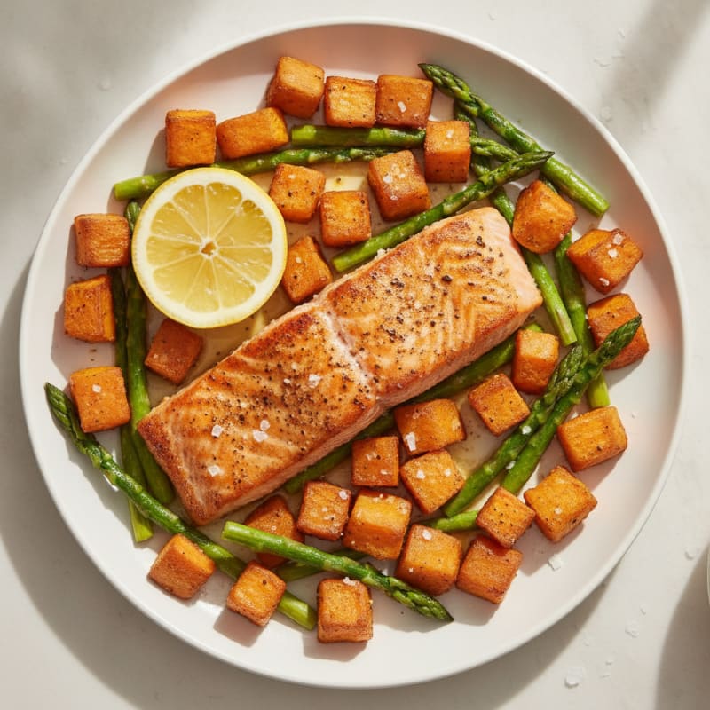 Seared Salmon Fillet with Roasted Sweet Potatoes and Asparagus