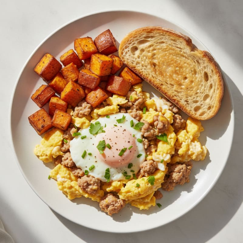 Egg and Egg White Scramble with Roasted Sweet Potato and Sourdough Toast