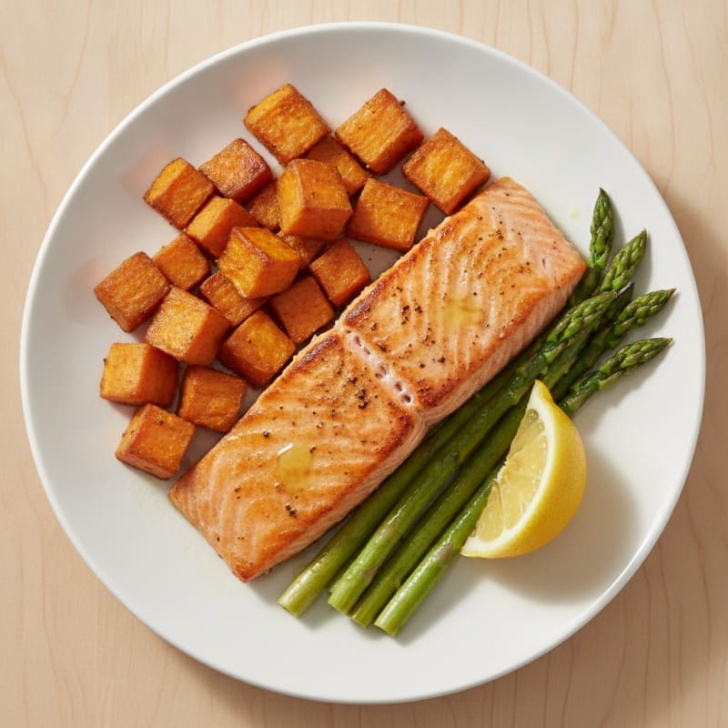 Seared Salmon Fillet with Roasted Sweet Potato and Asparagus