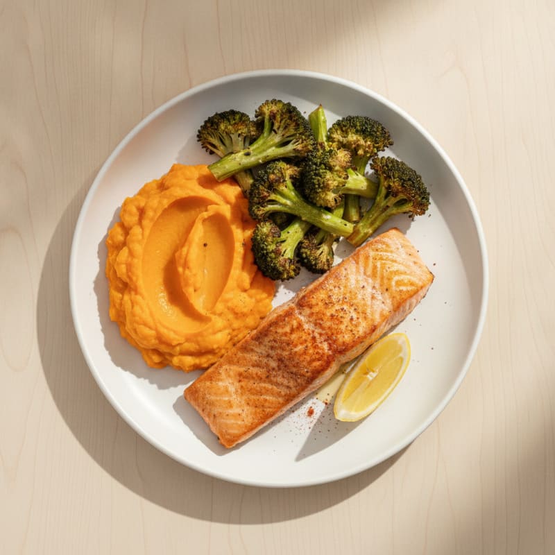 Seared Salmon with Roasted Broccoli and Sweet Potato Mash