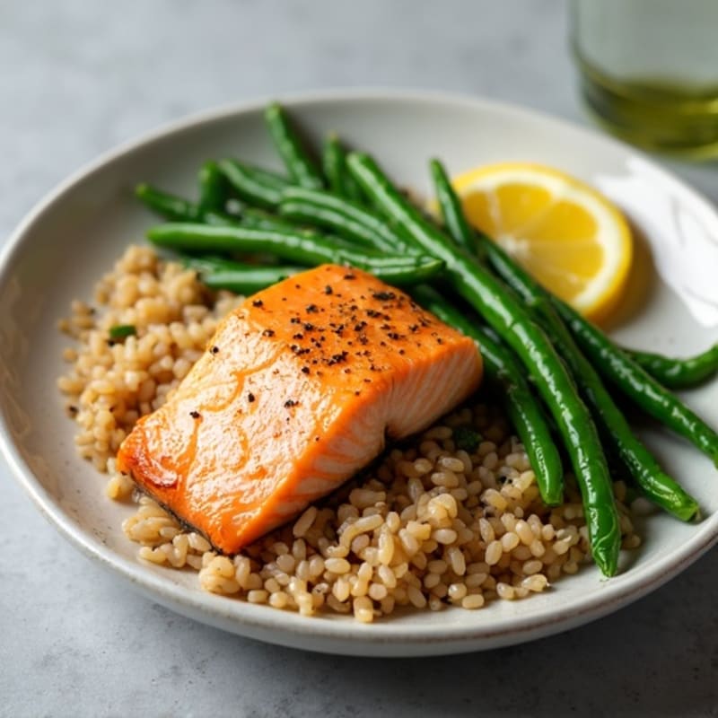 Seared Salmon Fillet with Garlic Green Beans and Brown Rice