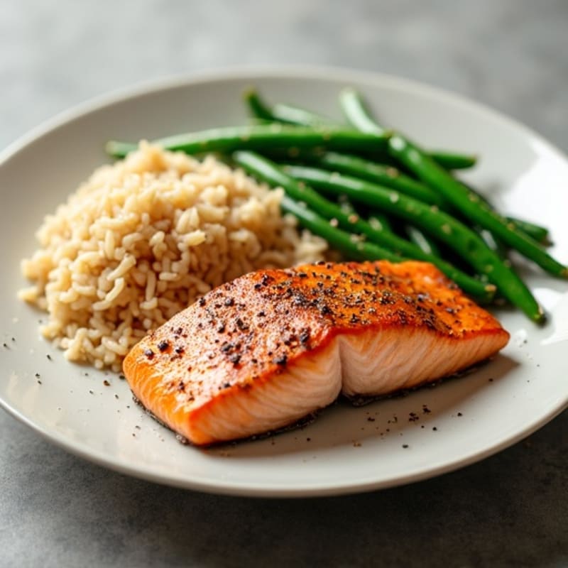 Seared Salmon Fillet with Garlic Green Beans and Brown Rice