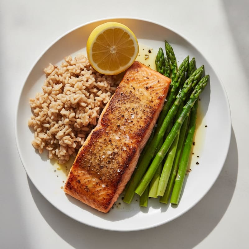 Seared Salmon with Steamed Asparagus and Brown Rice