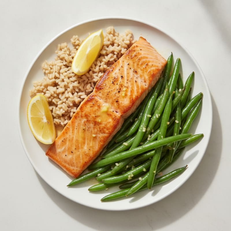 Seared Salmon with Garlic Green Beans and Brown Rice