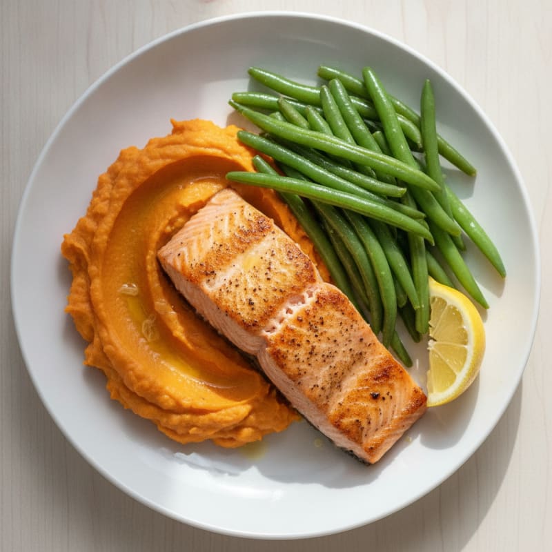 Seared Salmon with Steamed Green Beans and Sweet Potato Mash
