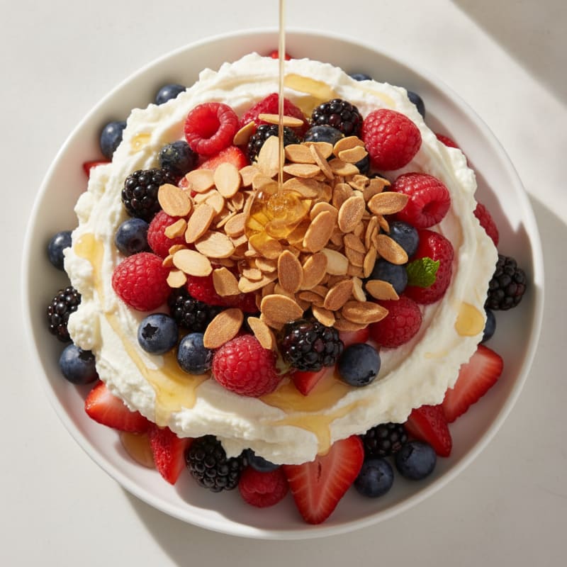 Greek Yogurt Parfait with Silky Cottage Cheese, Mixed Berries, and Toasted Almonds