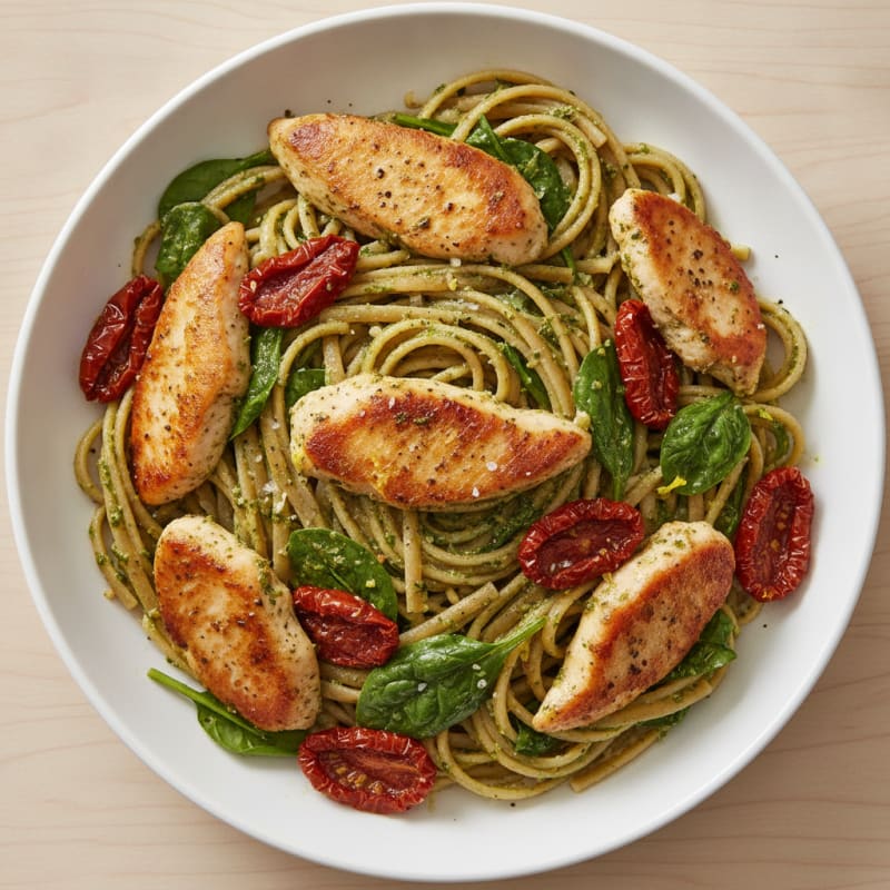 Pesto Chicken Linguine with Sun-Dried Tomatoes