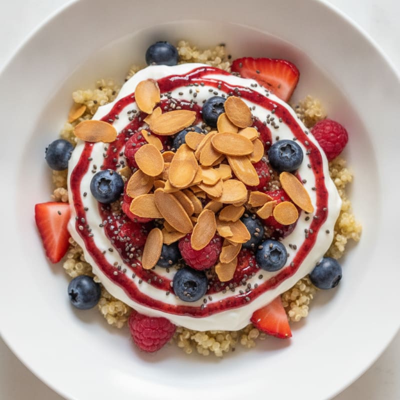 Greek Yogurt Parfait with Mixed Berries, Crunchy Almonds, and Quinoa