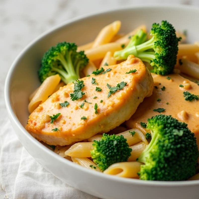 Creamy Cashew Cheesy Chicken and Broccoli Pasta