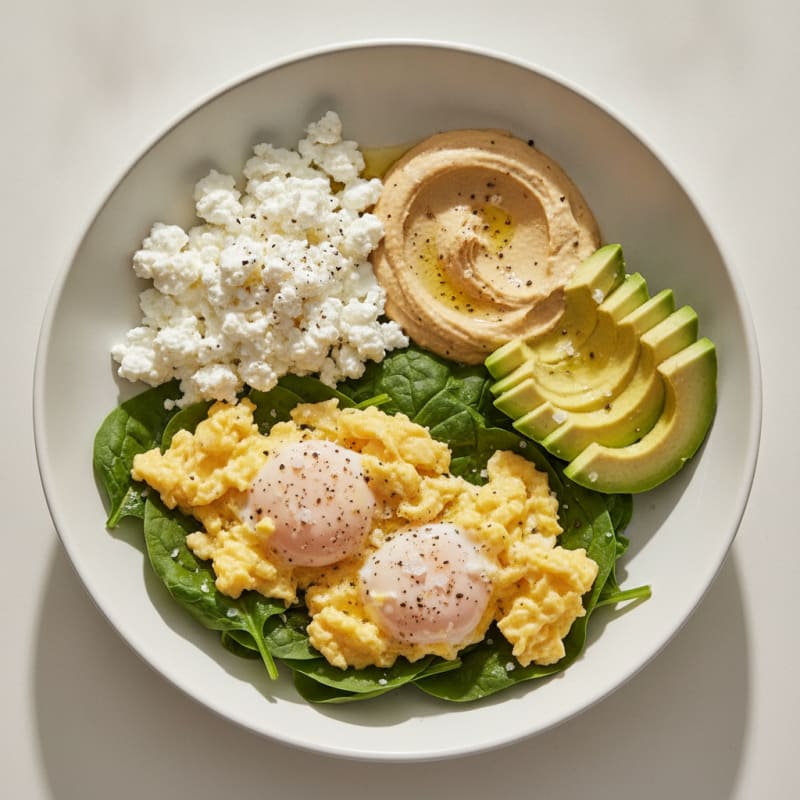 Eggs with Spinach, Avocado, and Hummus