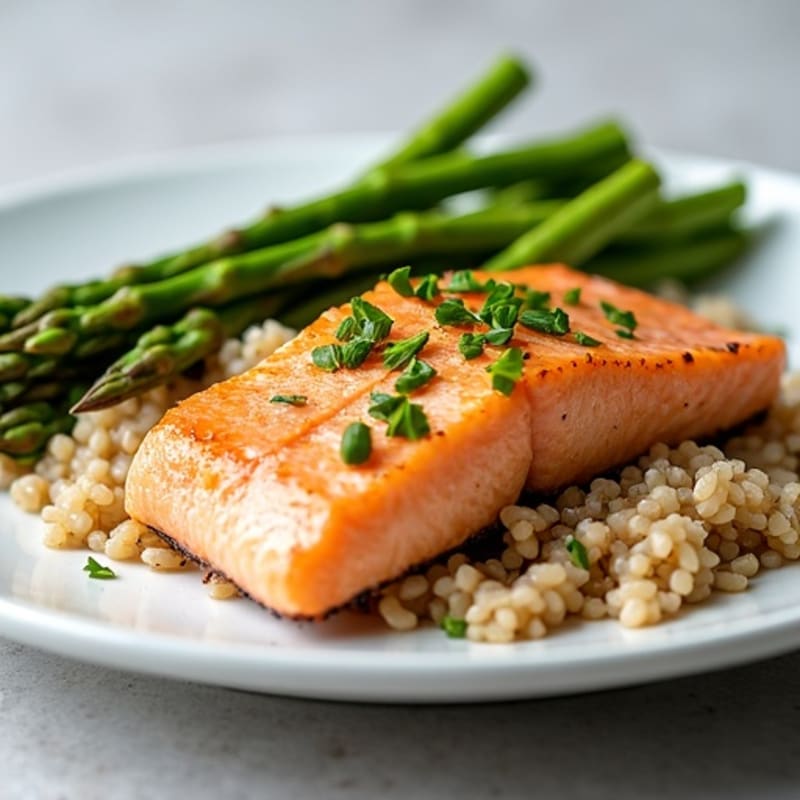 Seared Salmon Fillet with Brown Rice and Steamed Asparagus