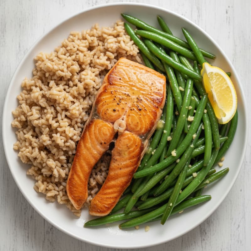 Pan-Seared Salmon with Garlic Green Beans and Brown Rice