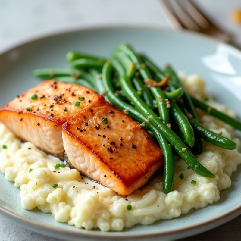 Seared Salmon with Garlic Green Beans and Cauliflower Mash