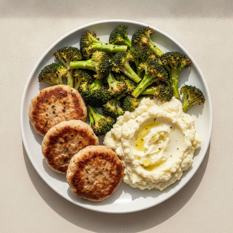 Seared Turkey Patties with Roasted Broccoli and Garlic Mashed Cauliflower