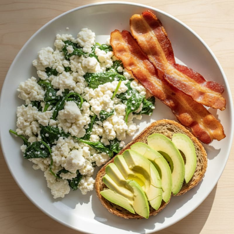 Crispy Turkey Bacon and Egg White Scramble with Cottage Cheese and Spinach