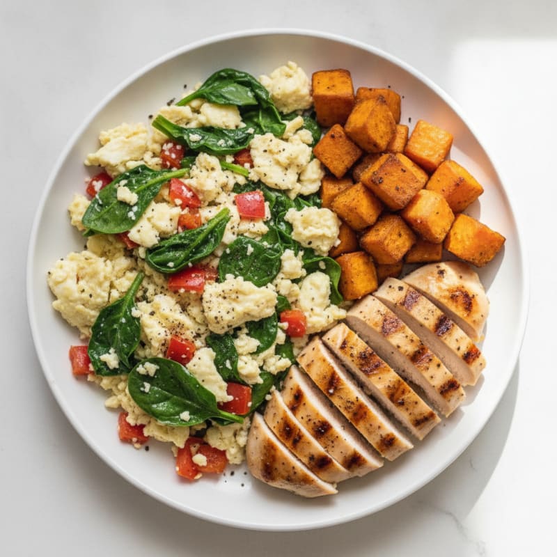 Egg White Veggie Scramble with Grilled Chicken