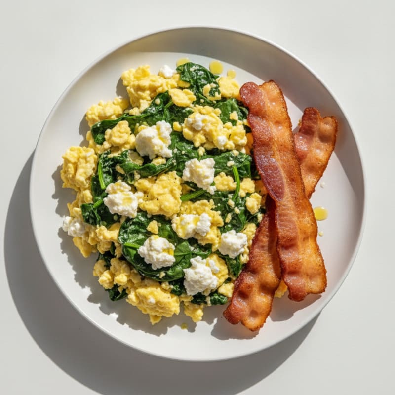 Cottage Cheese Egg Scramble with Spinach and Turkey Bacon