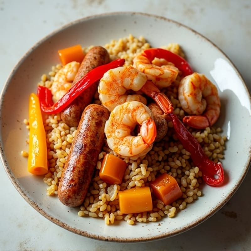 One-Pot Spicy Chicken, Shrimp, and Lean Sausage with Brown Rice and Bell Peppers