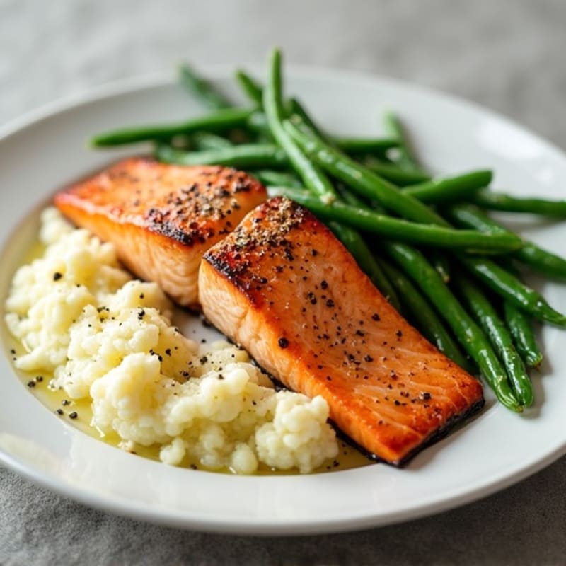 Seared Salmon with Garlic Green Beans and Mashed Cauliflower