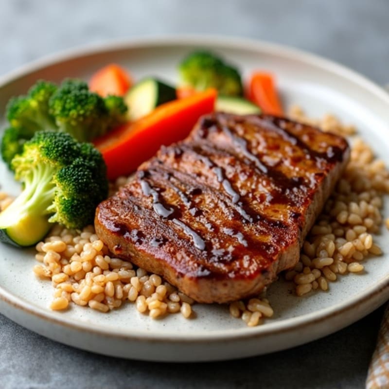 Tender Teriyaki Steak with Brown Rice and Roasted Vegetables
