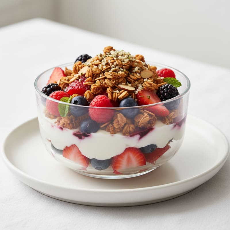 Creamy Greek Yogurt Parfait with Mixed Berries and Crunchy Almond Granola