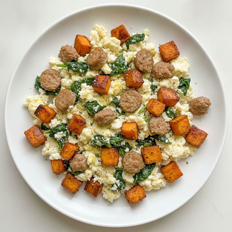 Egg White and Turkey Sausage Scramble with Spinach and Roasted Sweet Potato