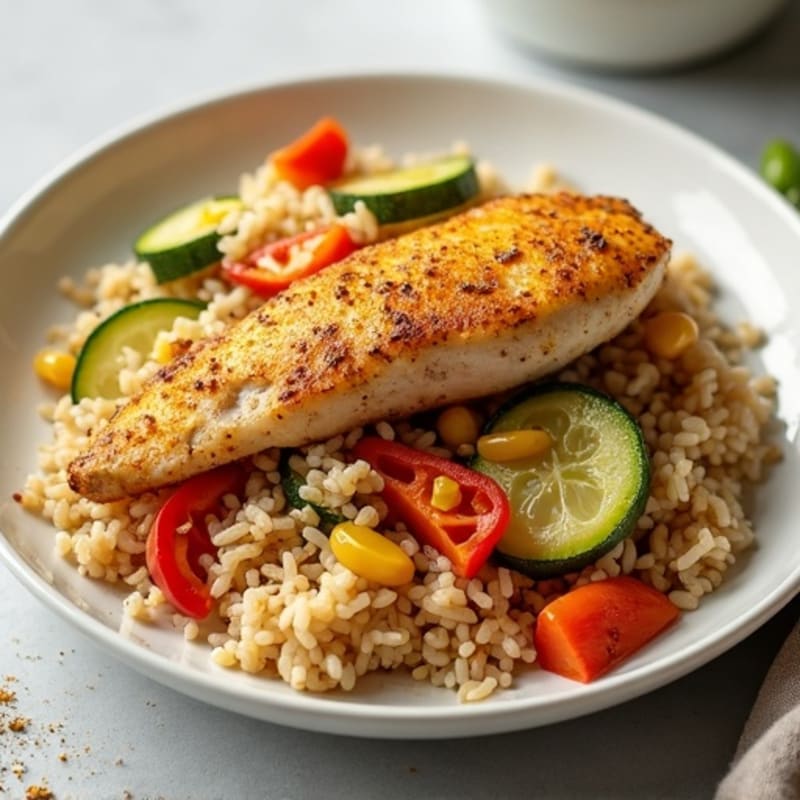 One-Skillet Saffron Chicken with Brown Rice and Crispy Vegetables