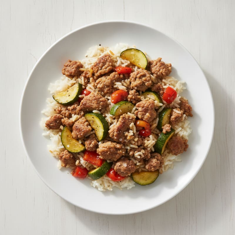 Ground Beef and Rice Skillet with Roasted Vegetables