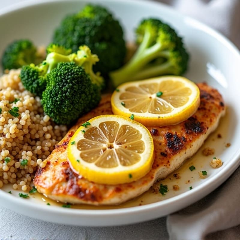 Lemon Garlic Pan-Seared Chicken with Crispy Roasted Broccoli and Quinoa