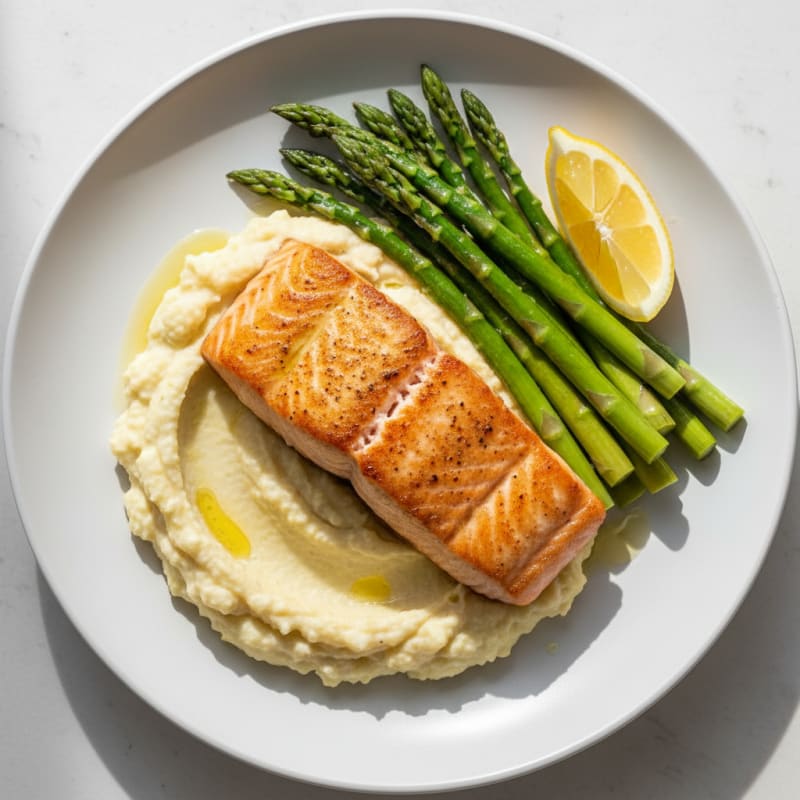 Seared Salmon with Steamed Asparagus and Cauliflower Mash