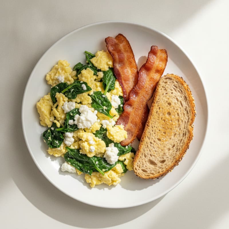 Cottage Cheese Scramble with Spinach and Turkey Bacon