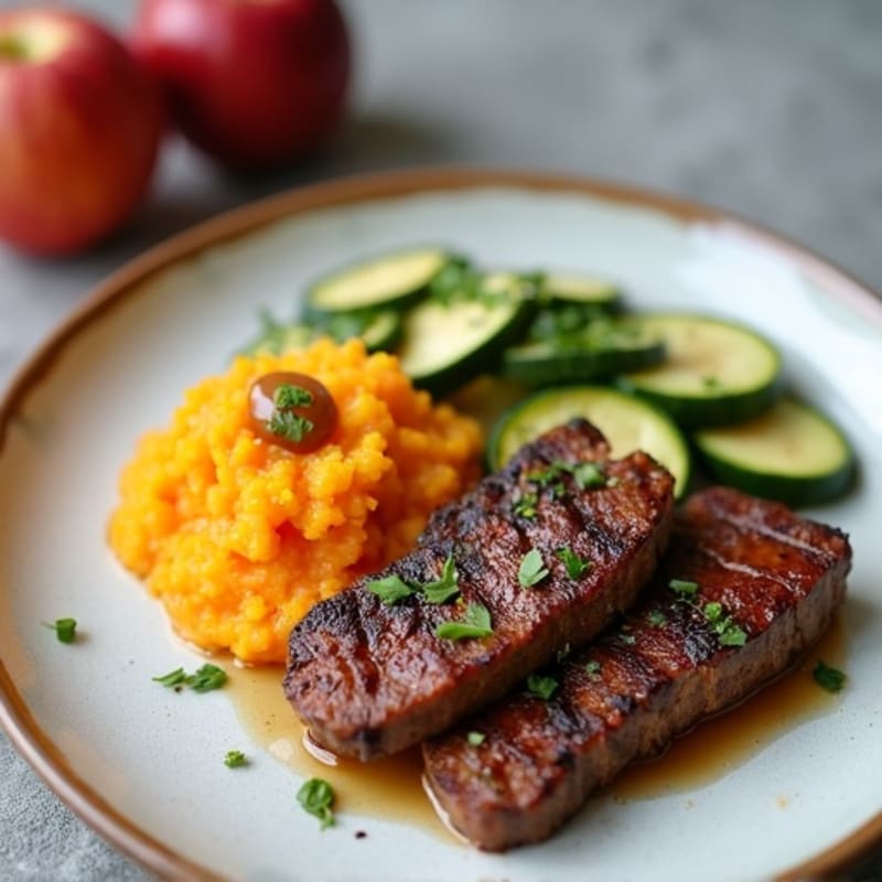 Seared Lean Beef Strips with Sautéed Zucchini, Sweet Potato Mash & Apple Compote