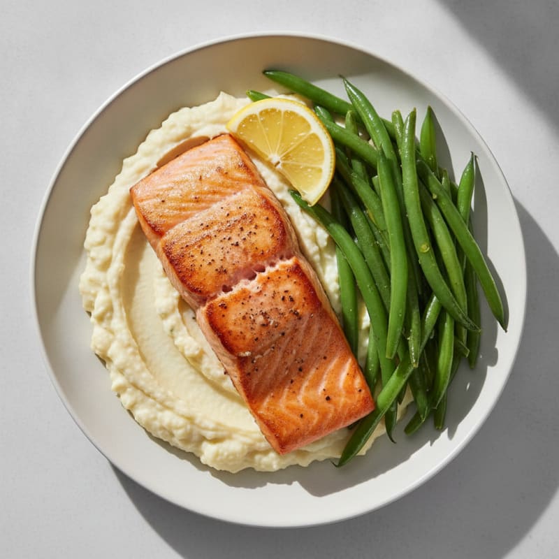 Seared Salmon with Steamed Green Beans and Garlic Mashed Cauliflower
