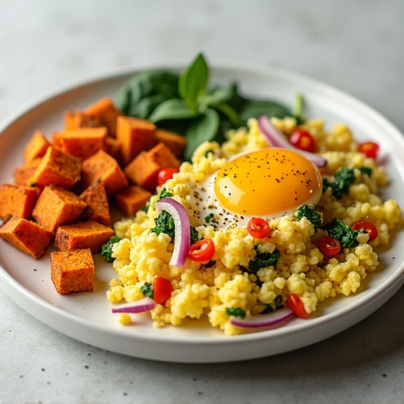 Fluffy Fresh Veggie Egg Scramble with Crispy Sweet Potato Hash